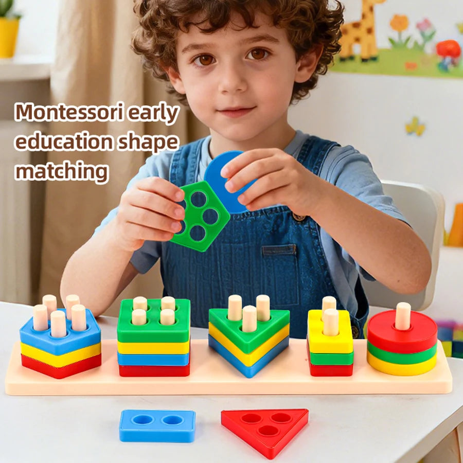 Jeu d'Assemblage Géométrique – Colonnes de Formes et Couleurs, Jouet Éducatif